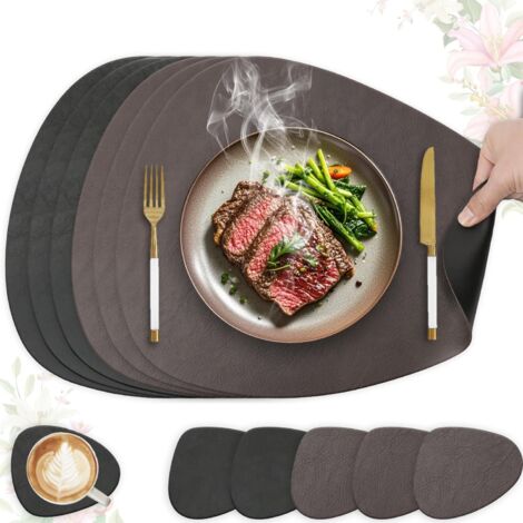 Set de Table Lavable et Antidérapant en Cuir PU Double Face – Lot de 6 Pièces Ovales 41 x 33 cm (Marron Foncé et Noir) pour Cuisine et Cadeau