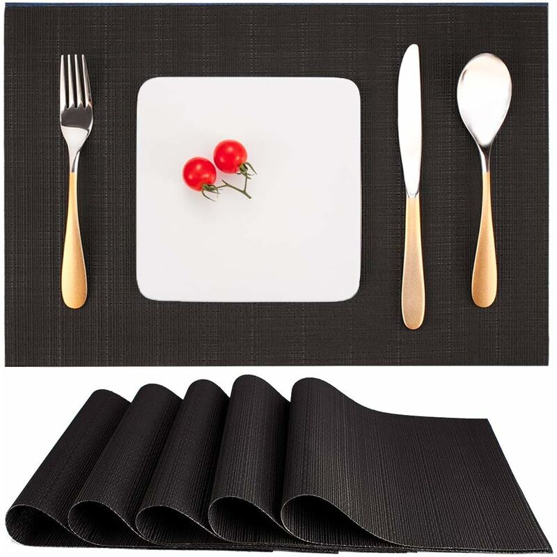 Set de Table Lot de 6, Set Table Lavable Résiste à la Chaleur Antidérapant Tissé Sets de Table PVC Vinyle pour Cuisine Table à Manger 30x45cm (Noir)