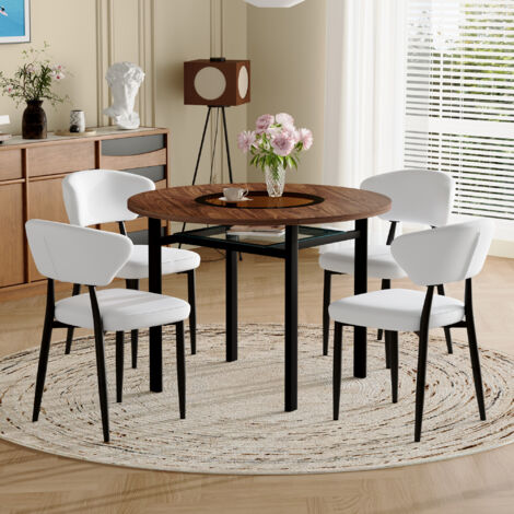 Set de table moderne et minimaliste en forme de cercle (4 fauteuils blancs en matériau PU, avec dossiers incurvés). Table ronde de 100 cm de diamètre, conçue dans un style bois. Parfait pour les salon