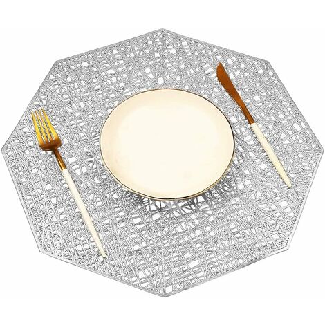Set de Table, PVC Set de Table Antidérapant Lavable Chaleur Résiste Set de Table (Argent-Octogone, 8 Pièces)