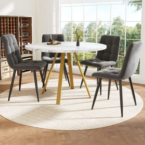 Set de table rond avec 4 chaises - 80x80x75 cm - Plateau marbre blanc, chaises velours gris