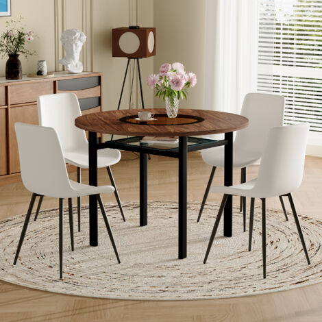 Set de table rond et minimaliste moderne (avec un espace de stockage intégré et 4 fauteuils blancs en matériau PU). Table ronde d’un diamètre de 100 cm, avec finition en bois marron.