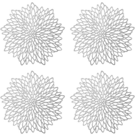 Set de Table Rond évidé, 4 pièces Set de Table Rond Argent métallisé Set de Table antidérapant Tapis de Protection en PVC à Coaster en Plastique Mats