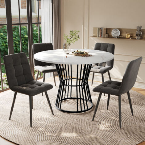 Set de table ronde 100 cm avec 4 chaises, table à manger en MDF blanc pieds métal noir, chaises velours gris anthracite