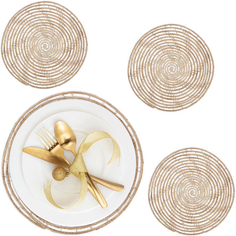 Set de table, 4 dessous, en fibre de palmier, rond, design décoratif, diamètre 35 cm, salle à manger, nature - Relaxdays