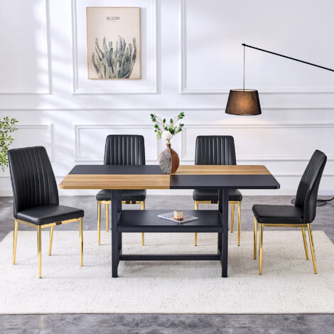 Set de table : Table moderne et minimaliste en verre sécurité, avec un diamètre de 85 cm. Compagnie de 4 chaises noires en cuir de haute qualité, idéal pour les espaces résidentiels, les salons et les