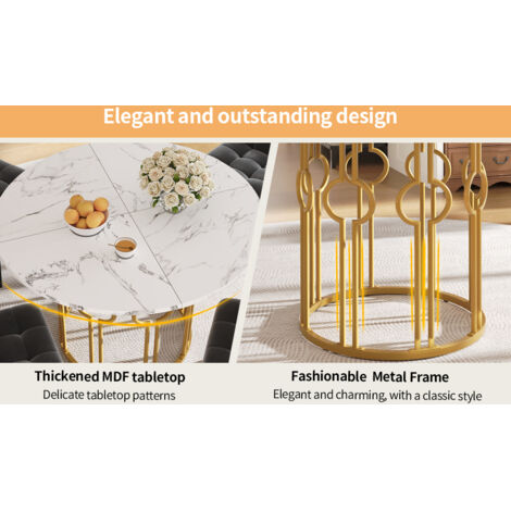 Set de tables à manger (5 pièces), set de table à manger comprenant 4 chaises. Set de meubles de cuisine. Table à manger ronde, avec un diamètre de 100 cm. Pieds en métal doré. Plateau de table en MDF