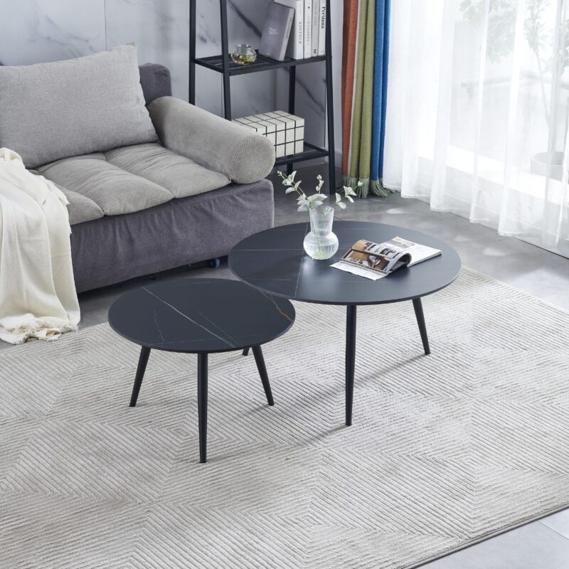 Set de tables basses 2pcs plateau en céramique noir brillant effet marbre et pieds noirs - bicolor