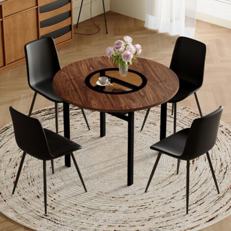 Set de tables rondes modernes et minimalistes (avec un espace de stockage intégré et 4 chaises en matériau PU noir). Table ronde avec un diamètre de 100 cm, dotée d’une finition en bois marron.