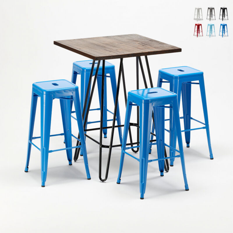 

Set de taburetes metálicos con mesa alta de diseño estilo Tolix industrial Kips Bay para pubs | Color: Azul Marino