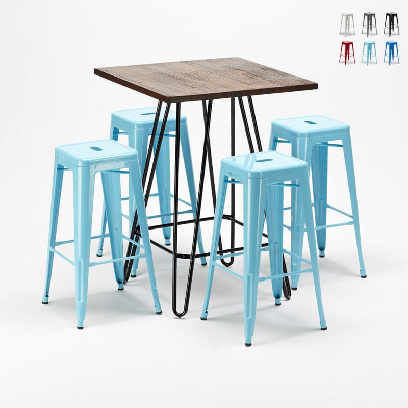 

Set de taburetes metálicos con mesa alta de diseño estilo Tolix industrial Kips Bay para pubs | Color: Azul