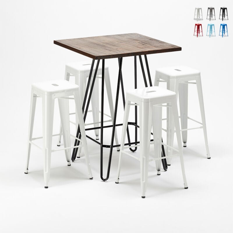 

Set de taburetes metálicos con mesa alta de diseño estilo Tolix industrial Kips Bay para pubs | Color: Blanco