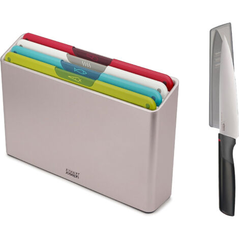 Set de Taglieri de Joseph Joseph Folio Icon, 4 pezzi, codificati per colore, antiscivolo, con custodia de Storage e Elevate Chef's Knife de 6.5"