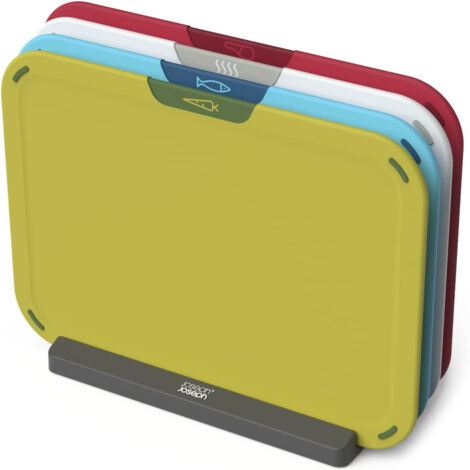 Set de Taglieri Joseph Joseph Duo Icon, 4 pezzi, codice colore, con supporto de Conservazione, Antiscivolo, Lavabile in lavastoviglie, Prevenzione de Contaminazione incrociata, Lavabile in lavastovigl