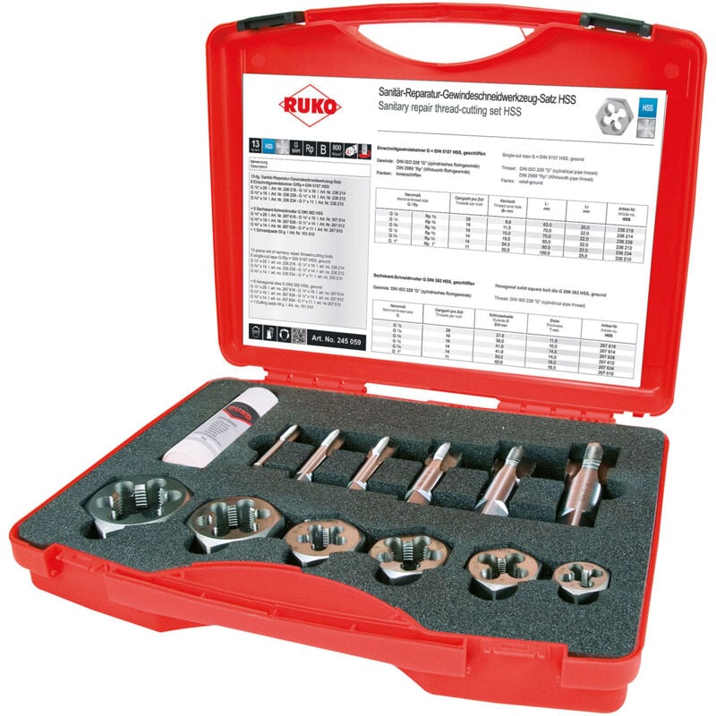 Jeu d'outils de réparation sanitaire à tarauder hss pour filetage de tube cylindrique dans un coffret plastique - 245059 - Ruko