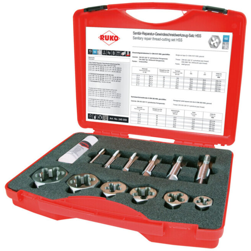 RUKO 245059 Maschinengewindebohrer-Set 13teilig 1/8 , 3/8 , 1/2 , 3/4 , 1  Rechtsschneidend DIN 5157 HSS 1 Set