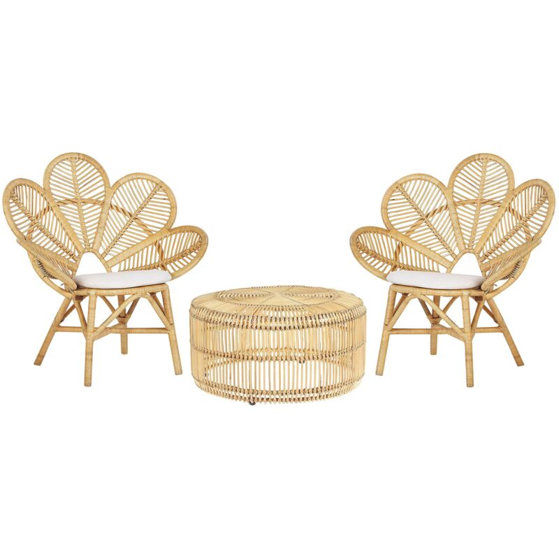 Petit Salon de Jardin 2 Chaises Fauteuils et Table Basse Ronde en Rotin Naturel pour Intérieur et Extérieur au Style Boho et Rustique Beliani