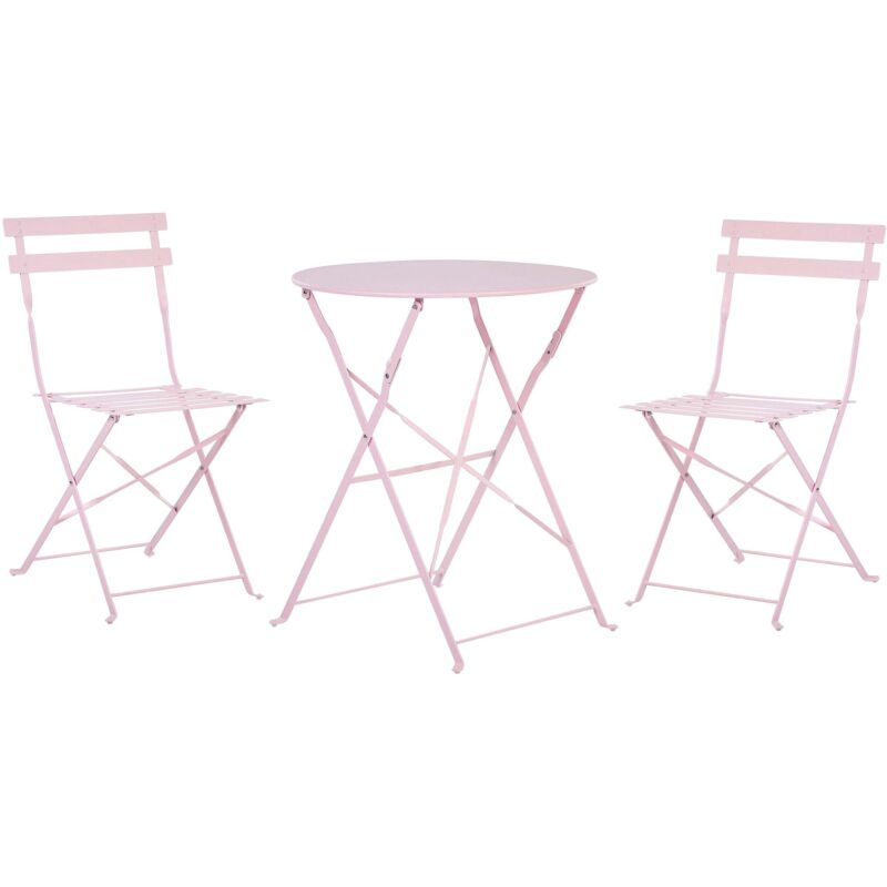 Salon de Jardin Bistrot Table et 2 Chaises Pliables en Acier Rose Pastel Fiori