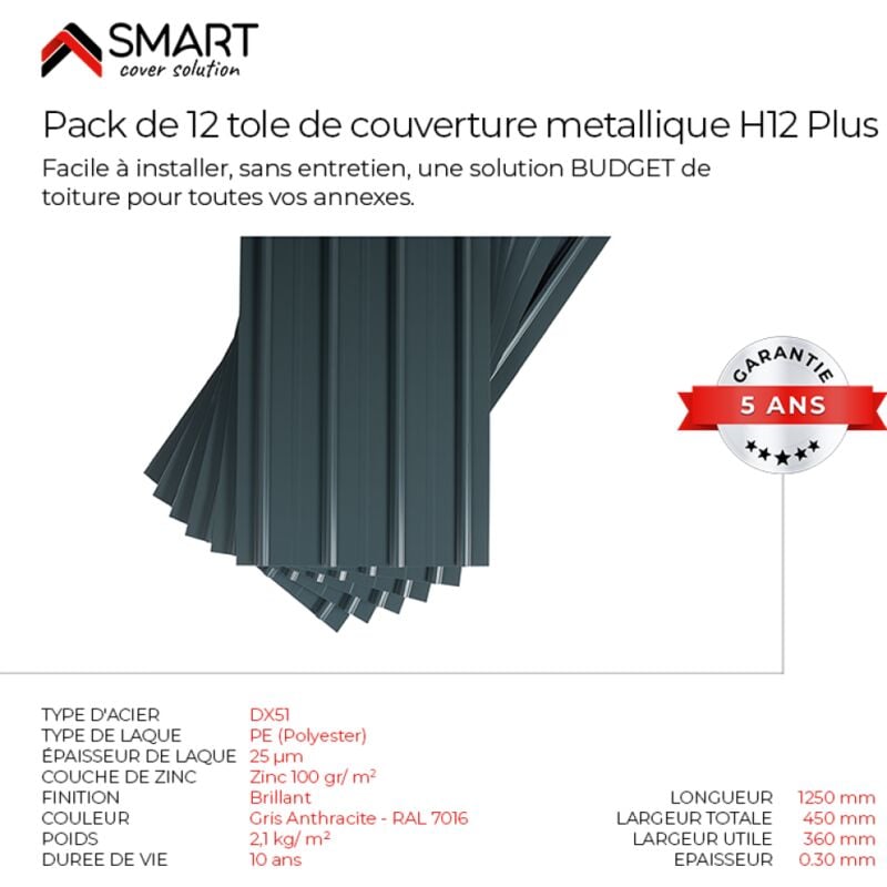 SMART COVER Pack 12 petites tôles bac acier - toiture - couverture H12 Dimensions: 125cm x 45cm=6,75m² épaisseur: 0,30mm Qualité Allemande Acier