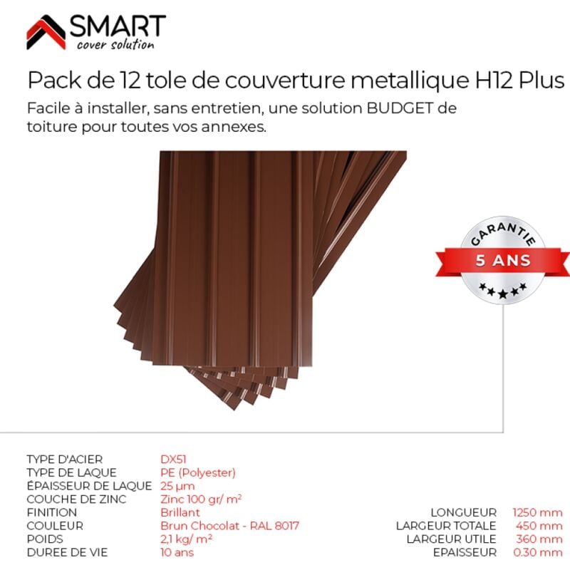 Smart cover Pack 12 petites tôles bac acier - toiture - couverture H12 - Dimensions: 125cm x 45cm = 6,75m² épaisseur: 0,30mm Qualité Allemande Acier