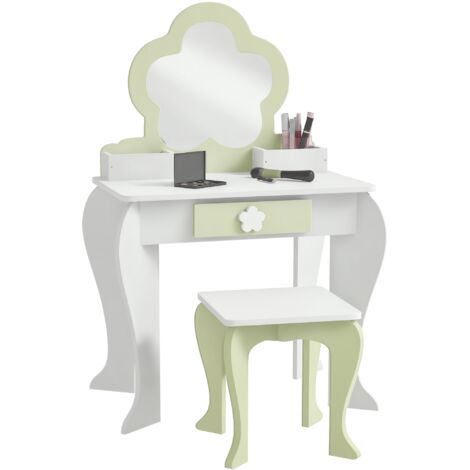 Set de toilette pour fille avec miroir maquillage et tabouret assorti en bois blanc, tiroir de rangement et compartiments.