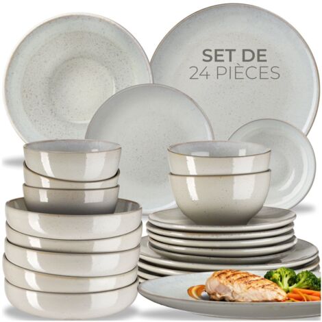 Set de vaisselle 24 pièces en faïence 6 personnes fait main gris
