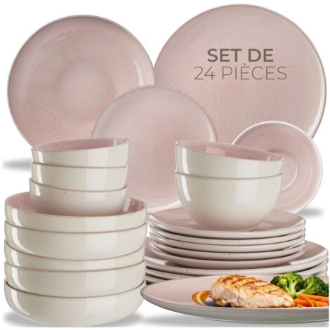 Set de vaisselle 24 pièces en faïence 6 personnes fait main rose