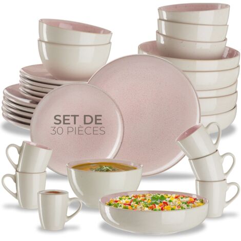 Set de vaisselle 30 pièces en faïence 6 personnes fait main rose