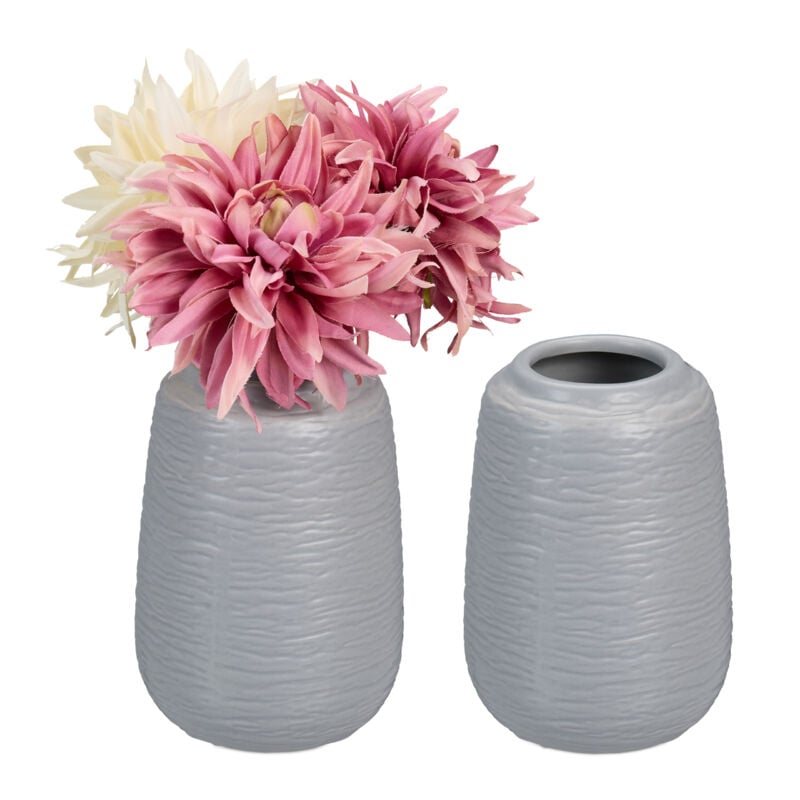 Relaxdays - Vase décoratif en lot de 2, pot de fleurs, en céramique, dimensions de chaque h x d : 15 x 10 cm, gris