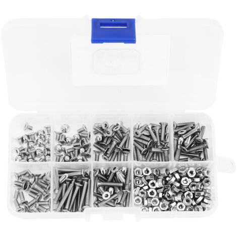 Set de vissage - Assortiment de 340 pièces vis M3 tête plate hexagonale acier inoxydable SS304 boulons et écrous.