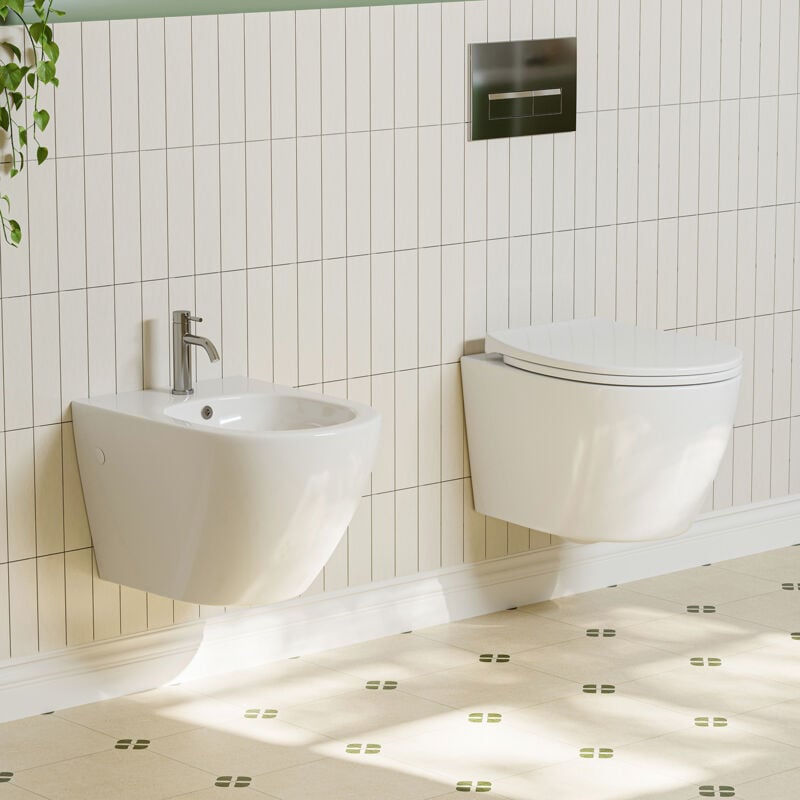 Set de wc suspendu avec bidet Cuvette sans rebord avec siège wc à abaissement automatique Blanc - 49 x 36 x 32.5cm