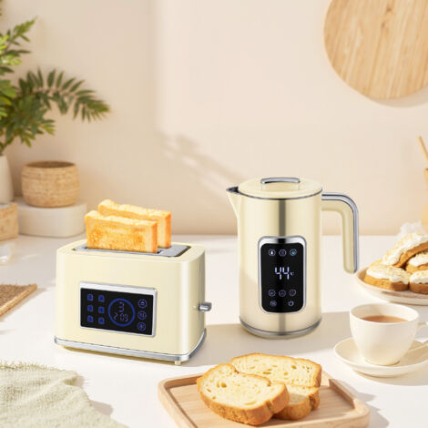 Set Desayuno con Pantalla LED Táctil Hervidor de Agua 1,7L 2200W Tostadora Pan Ranura Ancha 2 Rebanadas Crema