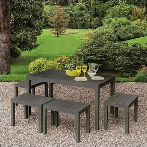 Set d'extérieur avec 1 table rectangulaire 4 bancs, Made in Italy, couleur anthracite