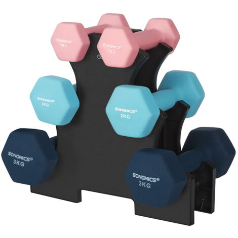 Set d’haltères, 3 paires, 2x1 kg 2x2 kg 2x3 kg, support de rangement offert, salle de sport, musculation, entraînement, néoprène antiglisse, Rose, Bleu clair et Bleu foncé SYL612MK
