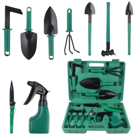 Set di 10 attrezzi da giardinaggio per aiuole, scavo, diserbo e piantumazione, tra cui un annaffiatoio, una pala, un rastrello e delle cesoie da potatura.