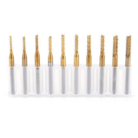 Set di 10 frese rotanti CNC in carburo di tungsteno rivestite in titanio, da 1,5 mm a 3,175 mm.