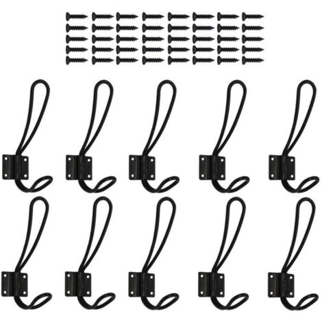 Set di 10 ganci appendiabiti da parete, neri, in metallo, stile retrò, resistenti, con viti incluse.