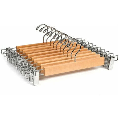 Set di 10 grucce in legno naturale, lunghe 36 cm, adatte per pantaloni, gonne, calze e biancheria intima, con clip antiscivolo.