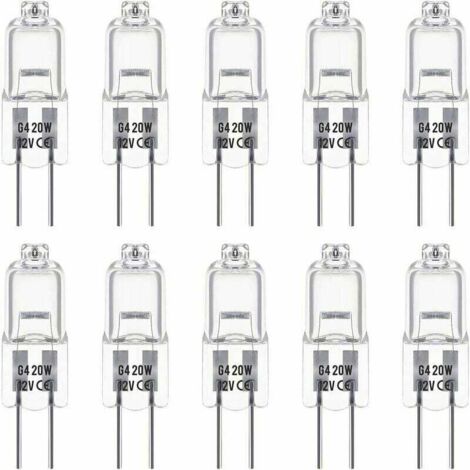 Set di 10 lampadine alogene G4 da 12V e 20W. Queste lampadine emettono luce bianca calda 3000K, con una luminosità di 350 lumen. Sono dimmerabili e hanno un aspetto trasparente.