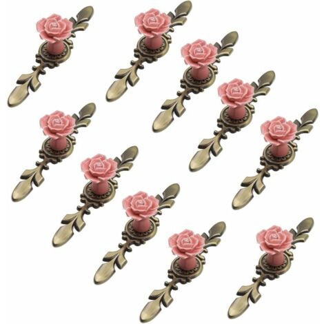 Set di 10 pomelli per mobili in ceramica, diametro 41 mm, motivo a rose, con piastra in bronzo, rosa, lunghezza 170 mm