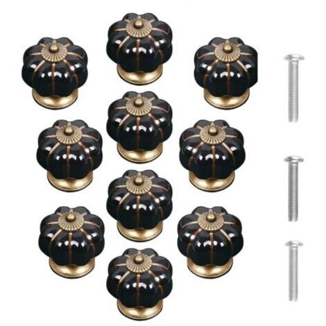 Set di 10 pomelli per porte vintage in ceramica a forma di zucca, neri