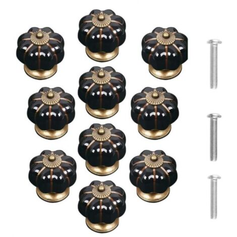 Set di 10 pomelli per porte vintage in ceramica a forma di zucca, neri