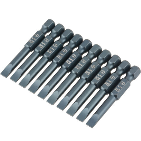 Set di 10 punte per cacciavite piatte in acciaio legato S2, gambo esagonale da 6,3 mm (1/4 di pollice), 50 mm (H6,3 x 50 x SL5 mm).