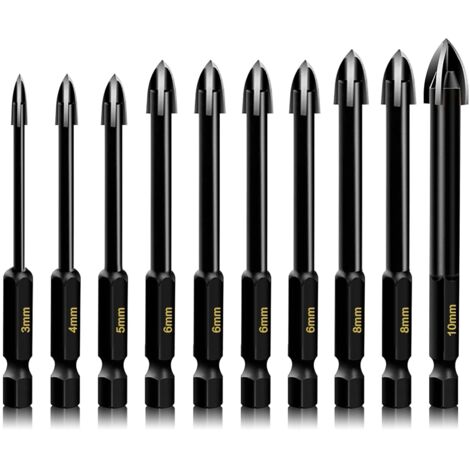 Set di 10 punte per trapano per cemento, mattoni, plastica e legno, gambo esagonale in carburo di tungsteno per specchi e piastrelle in ceramica su muri di mattoni (3-10 mm)