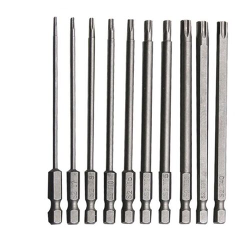 Set di 10 punte Torx lunghe in acciaio legato al cromo vanadio, 75 mm, antiruggine, per trapani elettrici, cacciaviti e utensili di manutenzione.
