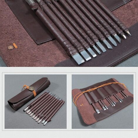 Set di 10 utensili per intaglio della pietra – Scalpelli in acciaio al tungsteno – Manici in legno duro – Per intagli precisi sul legno – 10 pezzi