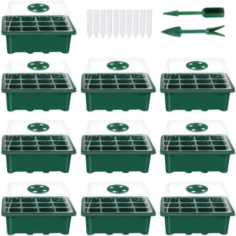 Set di 10 vassoi per piantine (12 unità per vassoio) con coperchio e base a cupola regolabile, e kit di attrezzi manuali per l'etichettatura delle piante, modello: verde