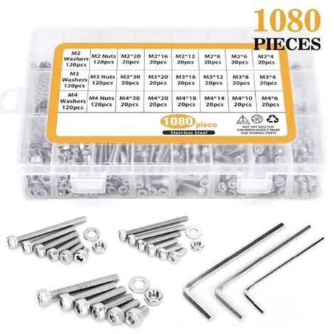 Set di 1080 viti in scatola in acciaio inossidabile 304, viti a testa esagonale, dadi, rondelle piatte