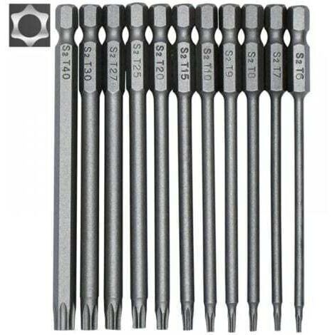 Set di 11 punte per cacciavite lunghe - punte magnetiche - attacco esagonale da 1/4" - misure da T6 a T40 - lunghezza 100 mm