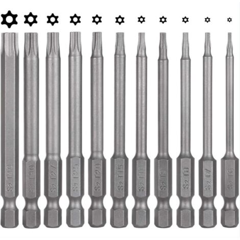Set di 11 punte per cacciavite Torx - 75 mm - Acciaio S2 - Magnetiche - Esagonali - T6 T7 T8 T9 T10 T15 T20 T25 T27 T30 T40 - Punte Torx elettriche per viti con profilo a T